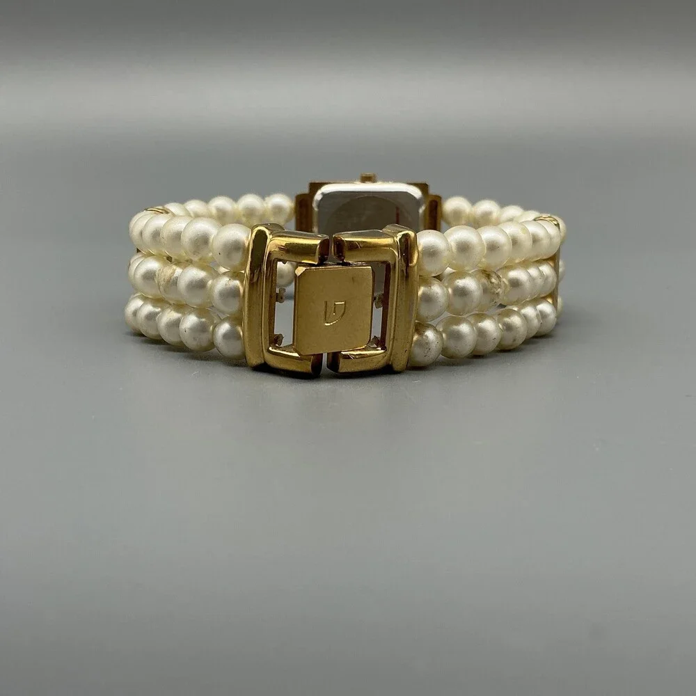 Gruen Womens Watch 22mm Square MOP Faux Pearl Band Gold Tone New Battey 7.25